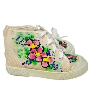 Vintage Baby Canvas Shoes Size 3 Floral Hand-Painted High Top